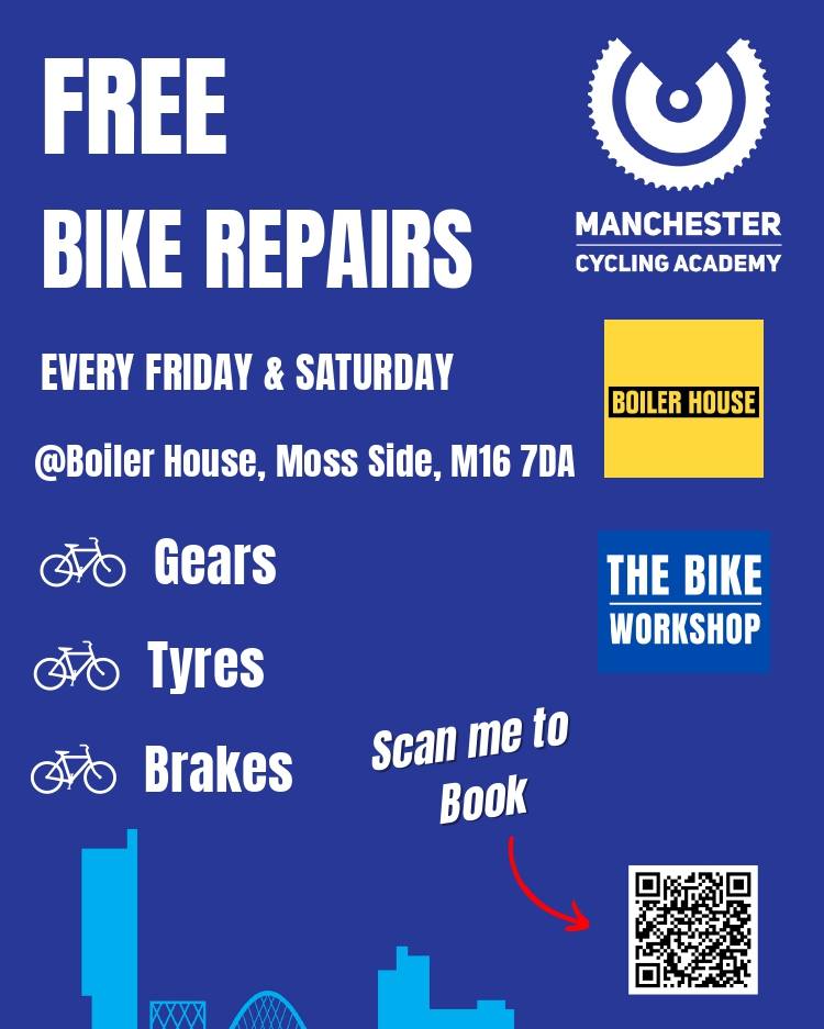 Did you know Manchester Cycling Academy are offering a free repair for your bike - see the list below. They are at the Boiler House Fridays + Saturdays 10am-3.30pm! project funded by @OMVCS