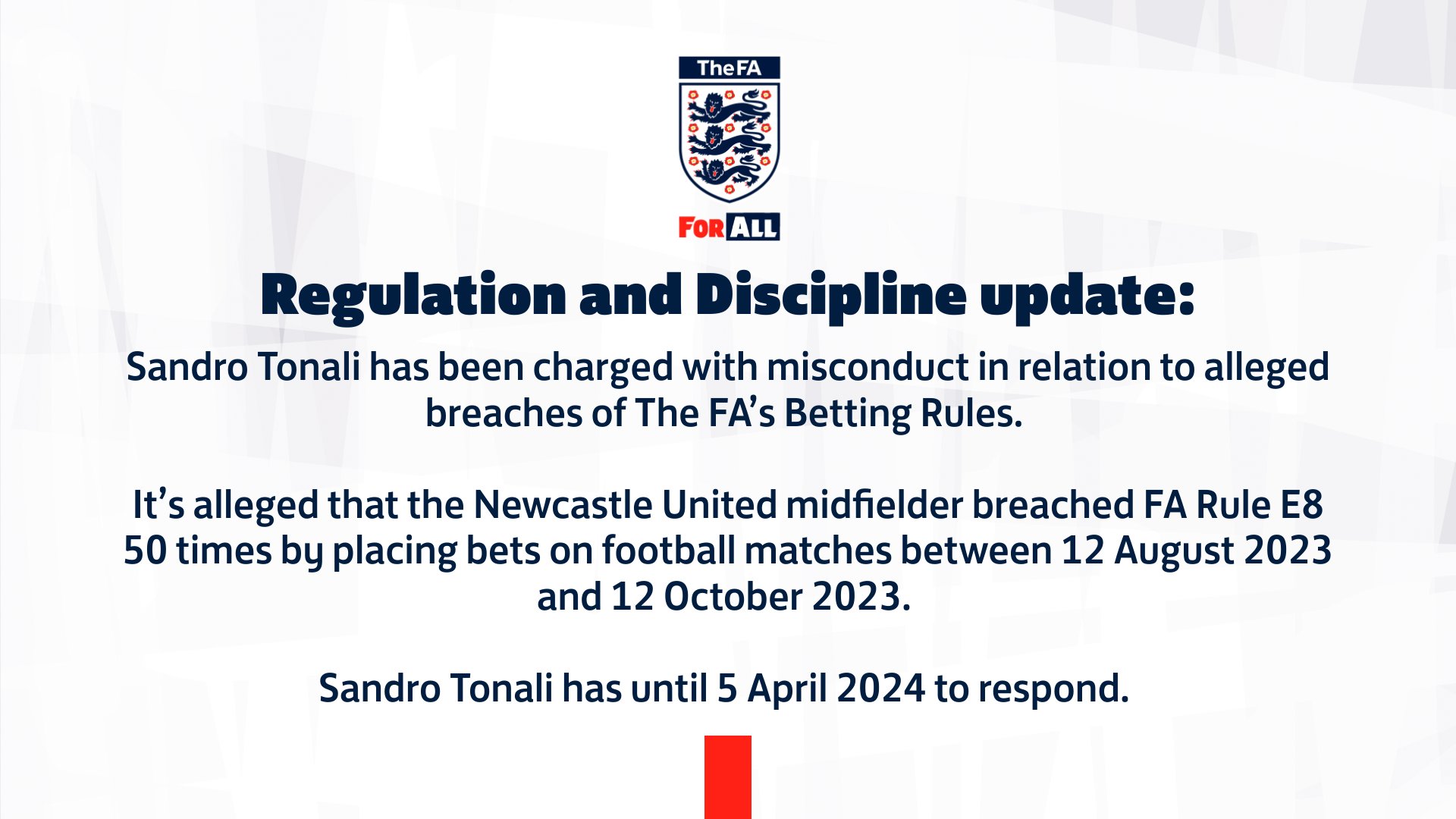 Sandro Tonali has been charged with misconduct in relation to alleged breaches of The FA’s Betting Rules.

It’s alleged that the Newcastle United midfielder breached FA Rule E8 50 times by placing bets on football matches between 12 August 2023 and 12 October 2023.

Sandro Tonali has until 5 April 2024 to respond. 