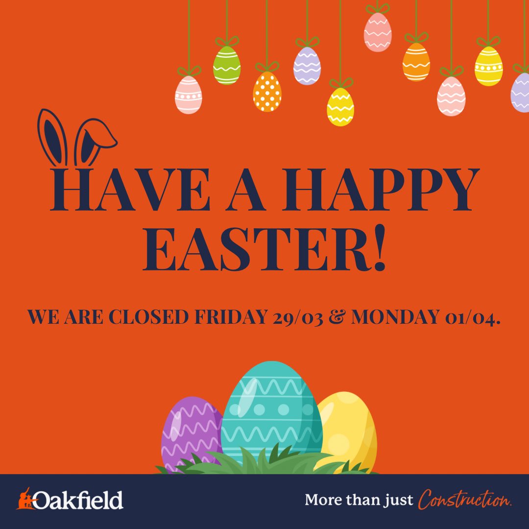 OakfieldLTD's tweet photo. Happy Easter weekend from Oakfield!
 
Kindly be informed that our offices will be closed on Friday, March 29th, and Monday, April 1st. 🐰🌷 https://t.co/Q8K9hPQJzp