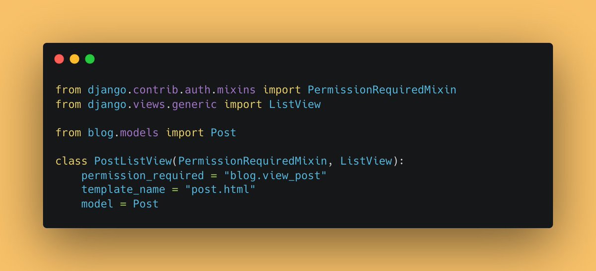 Django tip: To enforce permissions in class-based views, you can use the PermissionRequiredMixin from django.contrib.auth.mixins 👇