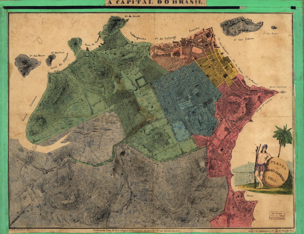 This 1831 map of Rio de Janeiro, then the capital of Brazil, shows the city's parishes in different colors. Take a closer look here: loc.gov/item/200162047…