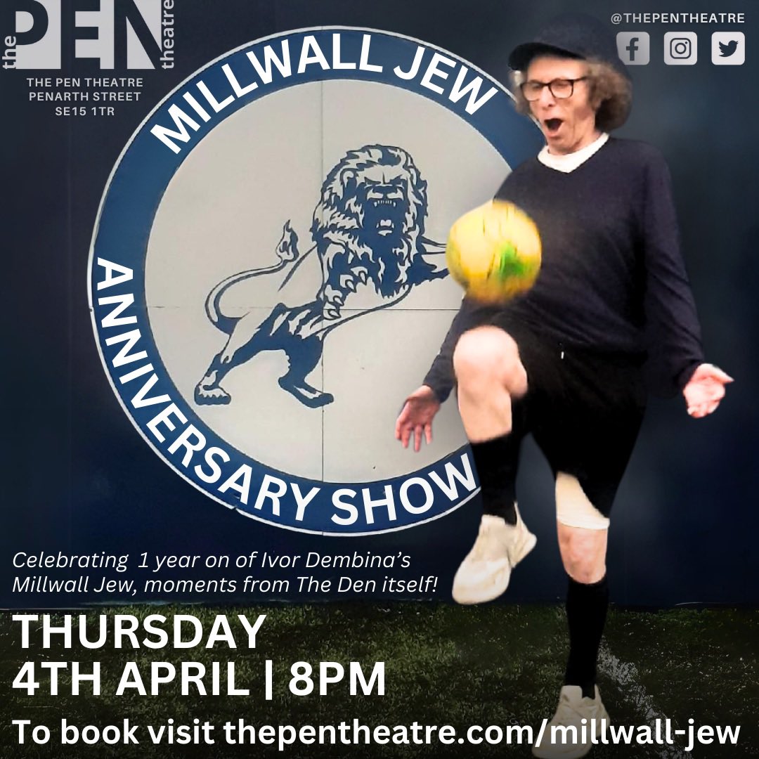 NEXT THURSDAY! Don’t miss COMEDY LEGEND @ivordembina in the notoriously hilarious MILLWALL JEW! One year on since its debut, Millwall Jew returns to its originating theatre just moments from The Den itself! Book now! > thepentheatre.com/millwall-jew | #theden #millwallfc #comedypeckham