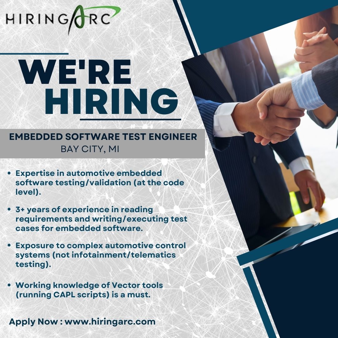 We are #hiring for 𝗘𝗺𝗯𝗲𝗱𝗱𝗲𝗱 𝗦𝗼𝗳𝘁𝘄𝗮𝗿𝗲 𝗧𝗲𝘀𝘁 𝗘𝗻𝗴𝗶𝗻𝗲𝗲𝗿 in Bay City, MI. Apply here: bit.ly/3uw3Rgm

#embeddedsoftwaretestengineerjob
#softwaretestingjob
#embeddedtechjob
#techjobseeker
#softwaretesting
#embeddedengineerjobs
#michiganjob
#hiringarc