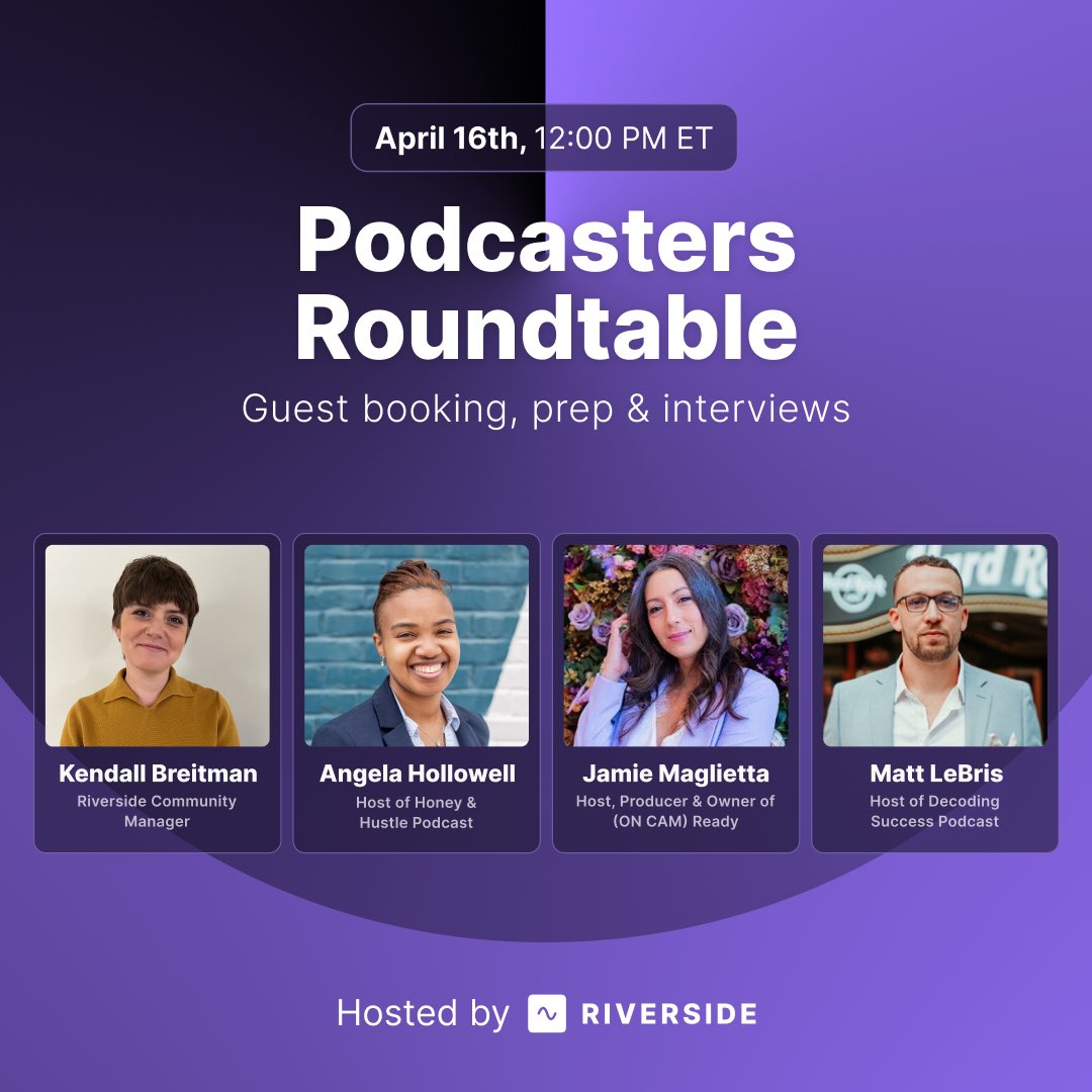 Excited to share this upcoming opportunity for podcasters Joining @RiversidedotFM as a panelist for a conversation around guest booking, prep and interview hacks Register for the event here 👇 riverside.fm/webinars/podca…