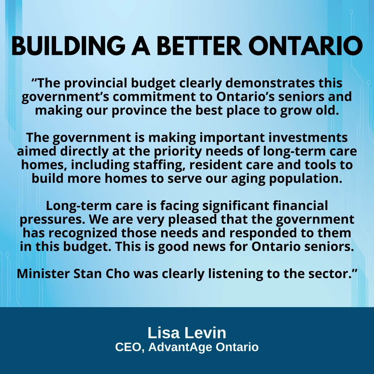 Our government’s key investments in long-term care are helping build more homes, increase staffing, and expand resident care. Read what AdvantAge Ontario - the province’s voice for not-for-profit senior care - had to say about #ONBudget2024.