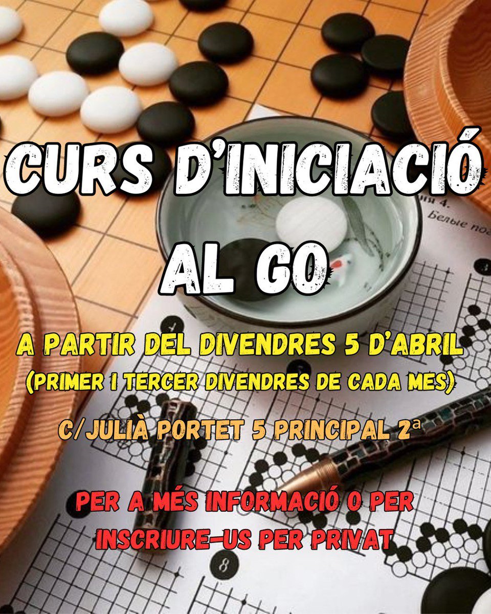 pedrago's tweet photo. Vols aprendre a jugar al go? El club de go la pedra organitza un curset d'iniciació a partir del divendres 5 d'abril.
Si no saps res sobre el joc o només coneixes les regles, però vols descobrir més, aquest és el teu lloc. Per participar, contacteu a enriquejizquierdo@gmail.com https://t.co/HJdBOUOVGy
