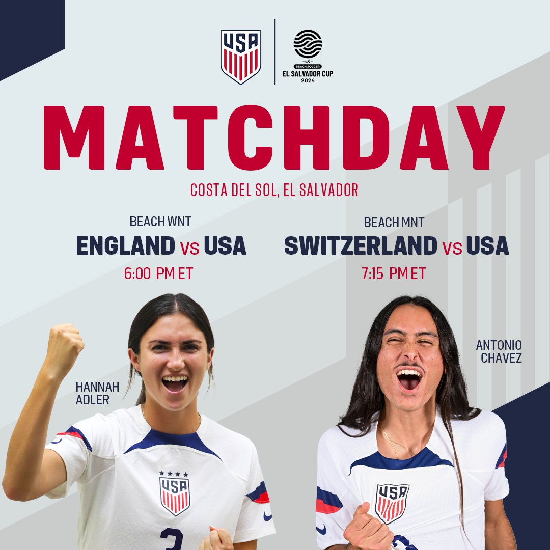 It's a beach soccer matchday! Catch #USbeachWNT and #USbeachMNT tonight on ESPN3 starting at 6:00 pm et! Beach WNT vs. 🏴󠁧󠁢󠁥󠁮󠁧󠁿: espn.com/watch/player/_… Beach MNT vs. 🇨🇭: espn.com/watch/player/_…