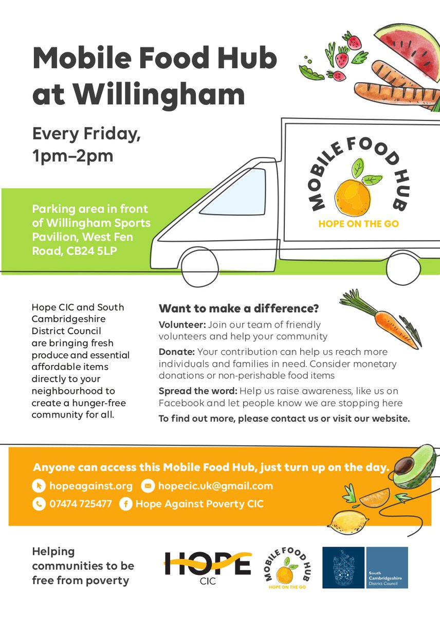 Did you know there was a Mobile Food Hub at Willingham? Every Friday, 1pm-2pm, the Food Hub provides free and cut-price food to anyone that would like to access it, and also redistributes food that would otherwise be going to waste. Details of where to find the Hub are below.