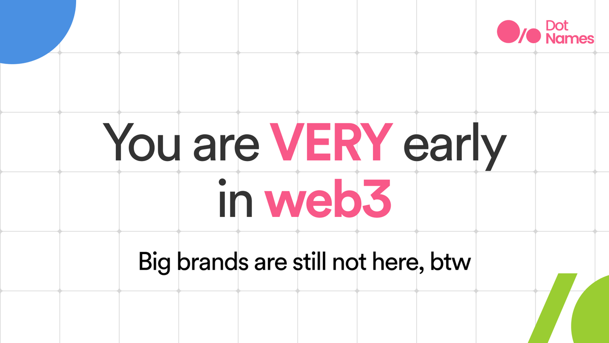 You are still early! 🚀

'23% of millennials own NFTs' - shorturl.at/qELX2

2022 saw approx. $24.7 BILLION in NFT trading volumes. 💰

DotNames domains are an NFT (shocker, ik). And with over 750k domains sold across the web3 landscape, we are just starting.