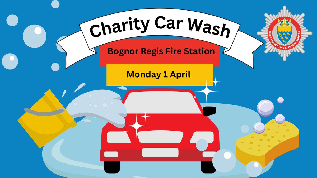 Bognor Regis Fire Station is holding a charity car wash on Monday 1 April, 10am - 1pm, in aid of The Fire Fighters Charity.

Please come along and support!  🚗 🧽