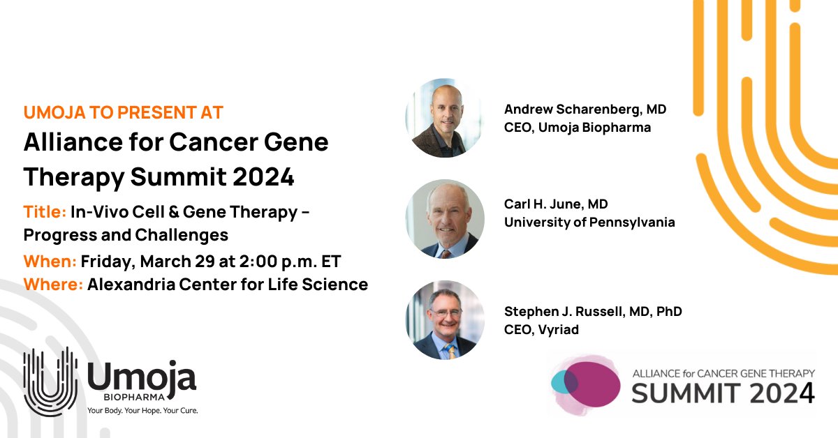 Umoja Biopharma (@umojabiopharma) on Twitter photo Our CEO, <a href="/andyscharenberg/">Andrew Scharenberg</a>, MD, CAR T pioneer <a href="/carlhjune/">Carl June</a> and Stephen Russell, MD, PhD will be in New York City for the <a href="/ACGTFoundation/">Alliance for Cancer Gene Therapy</a> Summit 2024 tomorrow to share insights on the progress and challenges of in vivo #CGT. Learn more here: bit.ly/3TzsZLS Our CEO, <a href="/andyscharenberg/">Andrew Scharenberg</a>, MD, CAR T pioneer <a href="/carlhjune/">Carl June</a> and Stephen Russell, MD, PhD will be in New York City for the <a href="/ACGTFoundation/">Alliance for Cancer Gene Therapy</a> Summit 2024 tomorrow to share insights on the progress and challenges of in vivo #CGT. Learn more here: bit.ly/3TzsZLS