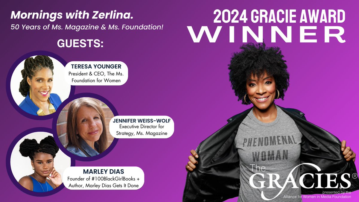 We won a Gracie! Thank you @AllWomeninMedia for selecting our special celebrating 50 Years of Ms. Magazine and the Ms. Foundation as a 2024 Gracie Award winner. Hear our special with @MsTeresaYounger @jweisswolf & @iammarleydias, re-airing tomorrow at 8am ET. #TheGracies