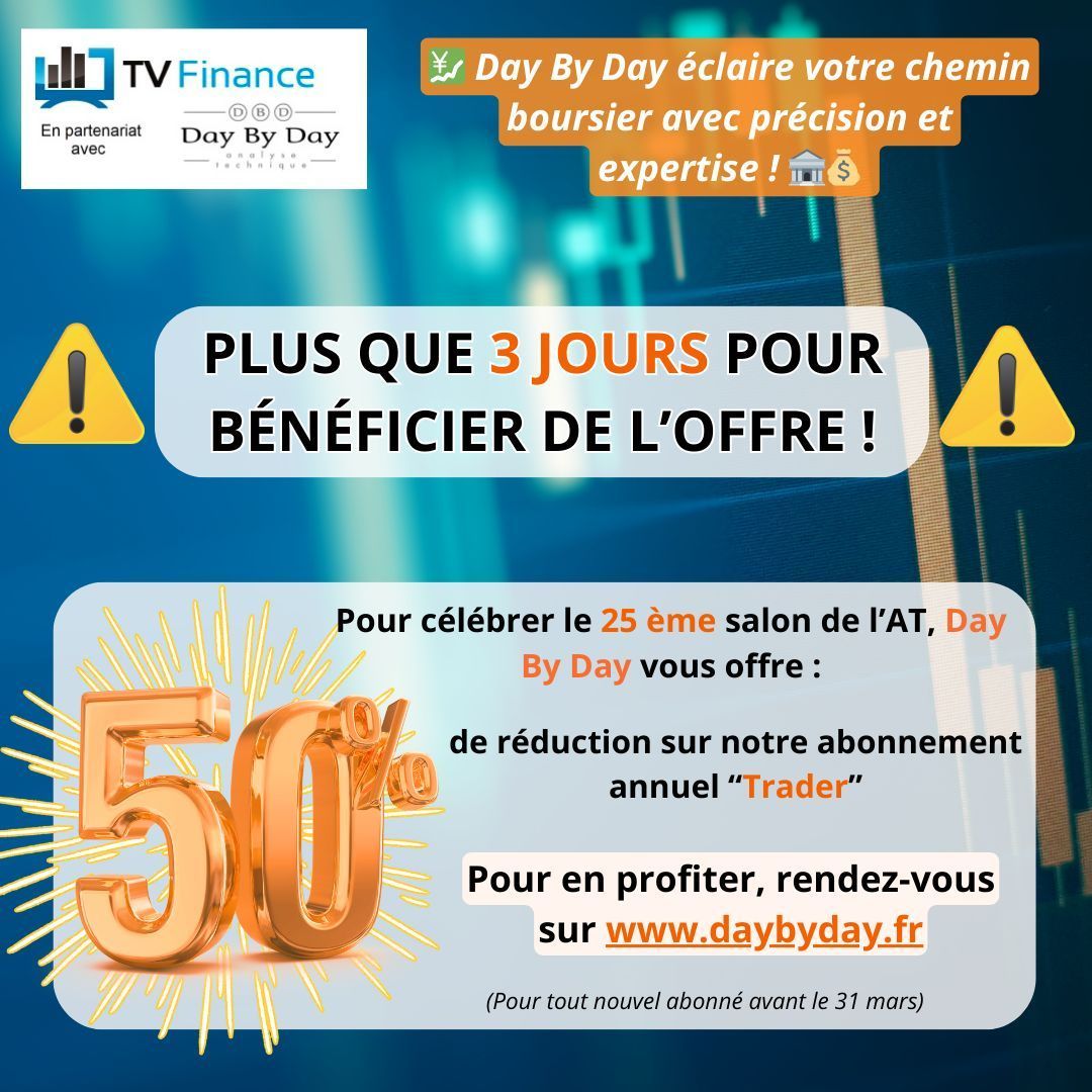 ⚠️ Plus que 3 JOURS pour profiter de l'offre de -50% sur l'abonnement "Day By Day Trader"⚠️
Faites désormais de vos trades un succès ! 📈💰
N'hésitez plus et venez en profiter des maintenant ! buff.ly/49ZJdF3 😊 
#promotion #trading #trade #bourse
