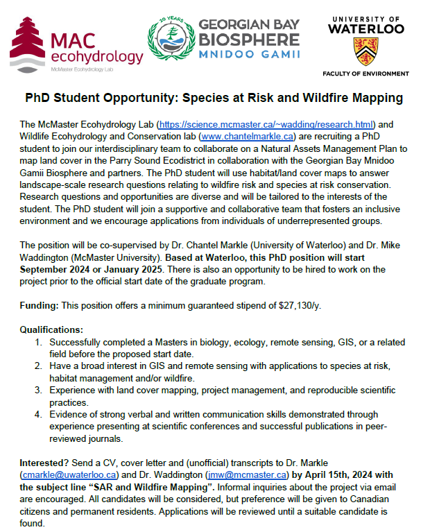 🎉New PhD opportunity tackling landscape-scale research on #SpeciesAtRisk &amp; #wildfire! 

Co-supervised by <a href="/peatofmind/">Mike Waddington</a> (based at <a href="/envwaterloo/">Waterloo Environment</a>), join our interdisciplinary collaboration with <a href="/GBayBiosphere/">Georgian Bay Biosphere</a> &amp; partners on a #mapping project to support a Natural Assets Management Plan