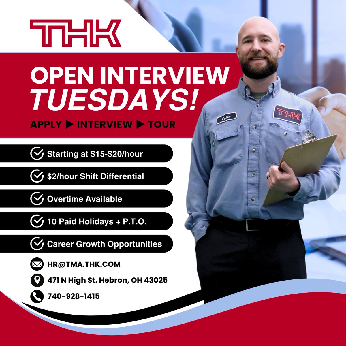 Every Tuesday from 8 a.m.-4 p.m., THK Manufacturing of America, Inc. opens its doors to potential new team members in Hebron. Come by for an application, a tour, and insights into what THK can offer you!

#careeropportunities #manufacturingjobs #THK #TMA #newcareer #OhioJobs