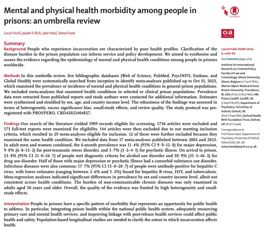 New paper!!🔥 Overview of mental and physical health of people in prison. Brings together full range and complexity of health needs for 1st time. Vital for public health: >11M people in prison, >30M circulating/yr OA: sciencedirect.com/science/articl… 1/