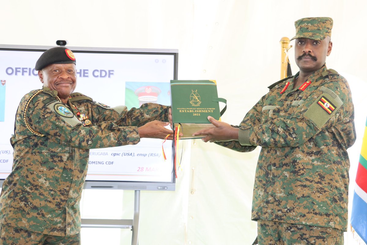 Just in . Gen Willson Mbasu Mbadi has handed over to Gen .@mkainerugaba as the new .@cdfupdf of the .@MODVA_UPDF