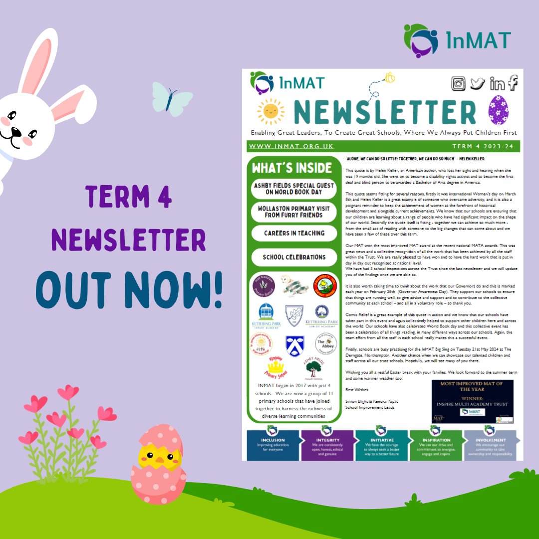 Our Term 4 newsletter is out now!📃😊 We hope everyone has had a great term and has a lovely Easter break!💐🐇 Check it out on our website - inmat.org.uk/attachments/do… #INMAT #School #newsletter