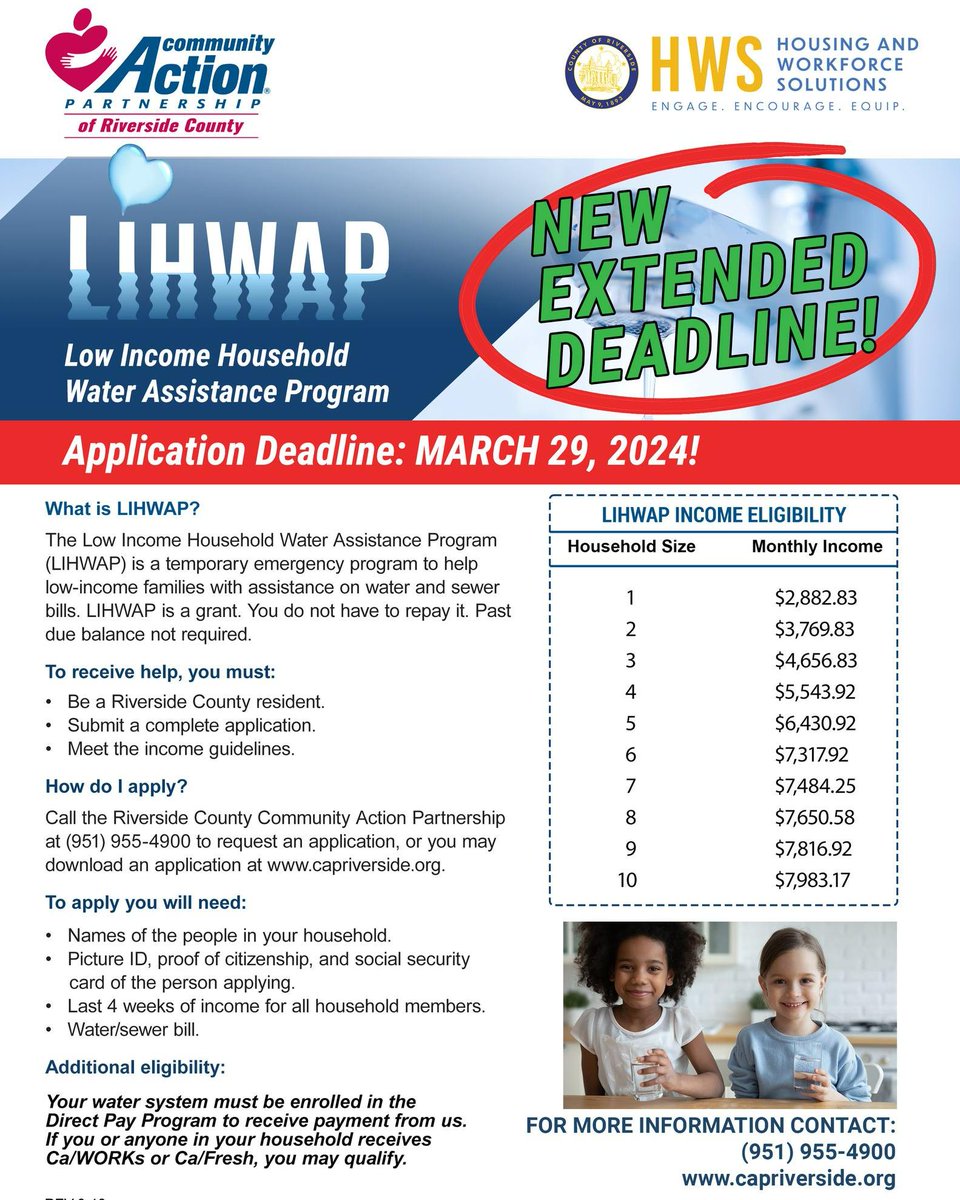 RivCoDPSS's tweet image. #ICYMI: Last Chance! ⏰ TOMORROW (March 29) is the deadline for relief on water and sewer bills via #CAPRiverside’s #LIHWAP! 💧 Don’t miss out! Apply now: tinyurl.com/2tc7v5s4 or call (951) 955-4900 for an appointment. 💙 #WaterBillRelief #ApplyNow #RivCoNow @caprivco