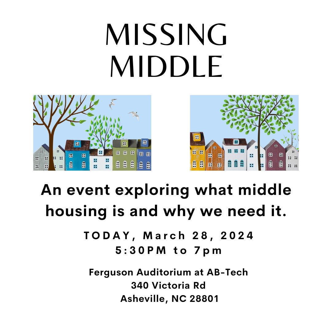 Join us this evening as we discuss missing middle housing. It may be a new term or it may not be what you expect. We also want to talk about why it would be a good thing for our community if we could get more of it. Details and sign up at bit.ly/missingmiddlea…