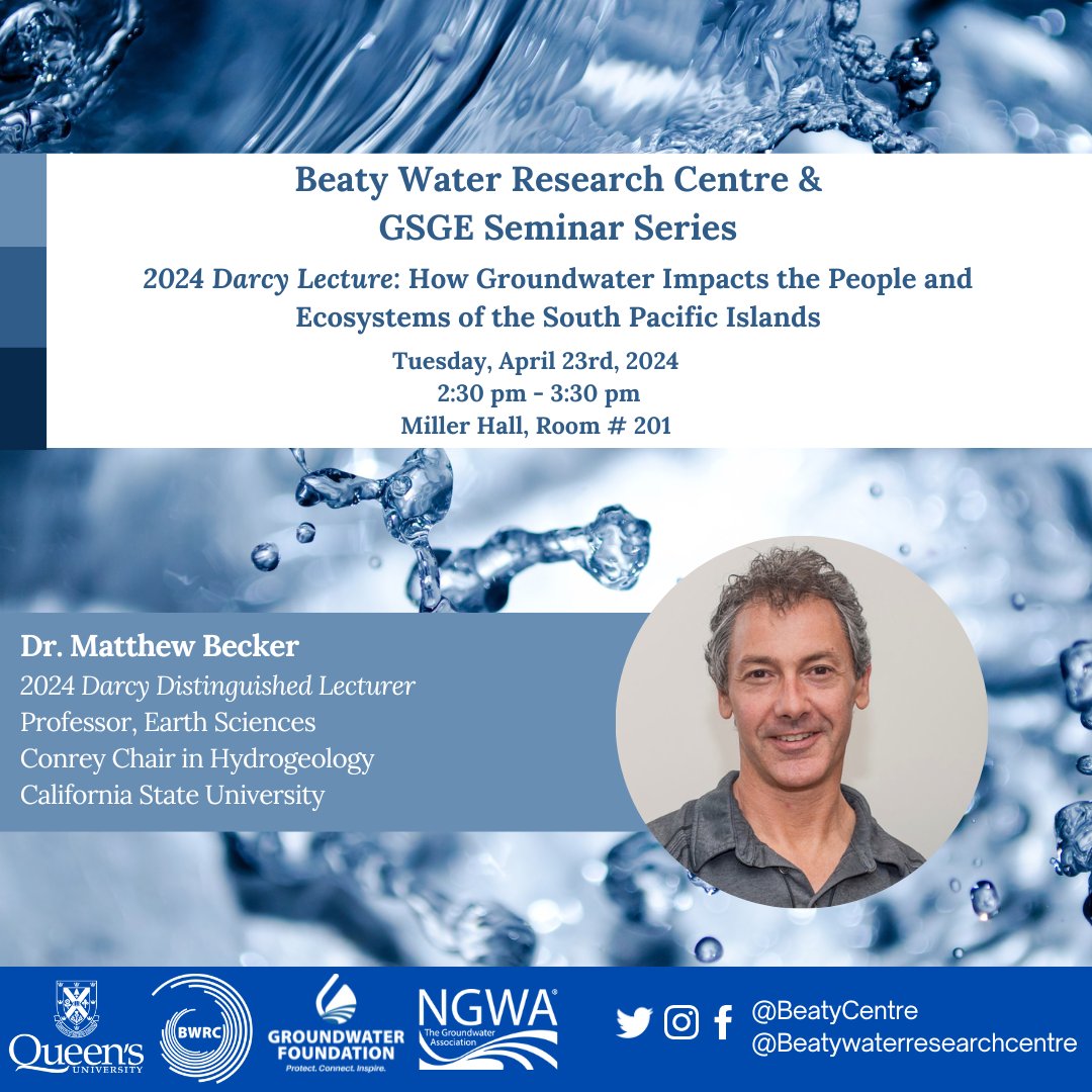 We are so excited to co-host the 2024 Darcy Lecture delivered by Dr. Matthew Becker from <a href="/CSULB/">Cal State Long Beach</a>

How Groundwater Impacts the People and Ecosystems of the South Pacific Islands 

April 23rd, 2024 at  2:30 pm, Miller 201!

<a href="/groundwaterfdn/">Groundwater Foundation</a> <a href="/ngwatweets/">NGWA</a>  <a href="/queensu/">Queen's University</a> <a href="/queensuResearch/">Research@Queen's University</a>
