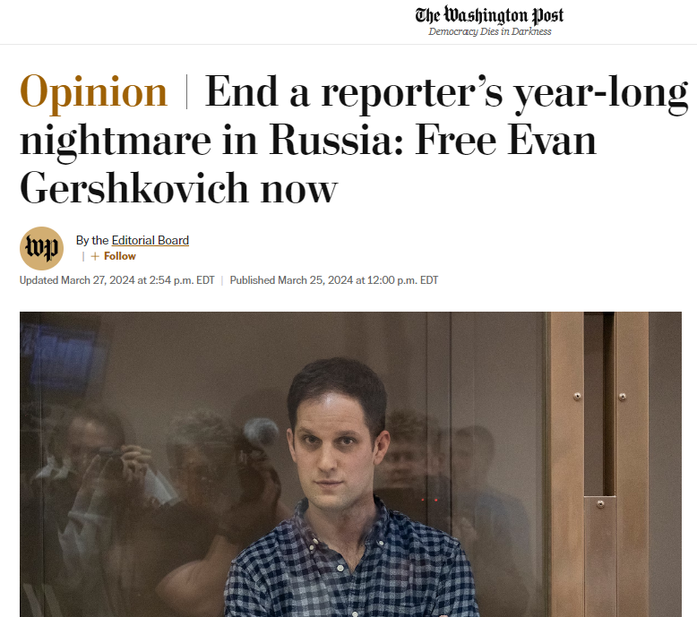 'Do not forget American journalist Evan Gershkovich, a correspondent for the @WSJ, as the anniversary of his detention in Moscow’s notorious Lefortovo prison approaches.' Read the latest from @PostOpinions & @WashingtonPost's Editorial Board: wapo.st/4atMcWb #FreeEvan