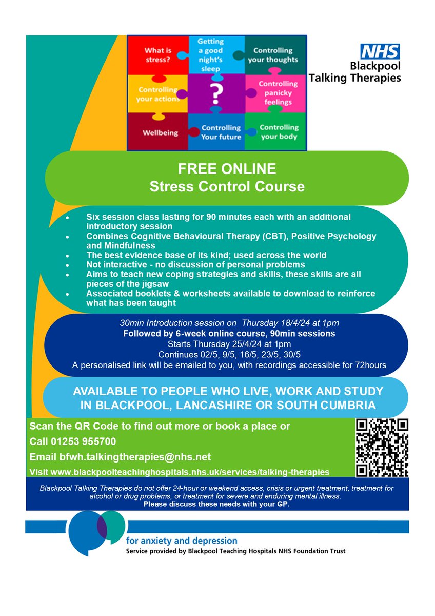 The team @tt_blackpool have a number of courses to support your health and wellbeing, inc: 🔸Mindfulness-based Cognitive Therapy 🔸Stress Control Course 🔸Health and Wellbeing Course See posters for details of how to book⬇️ @BlackpoolHosp @CliftonHospital