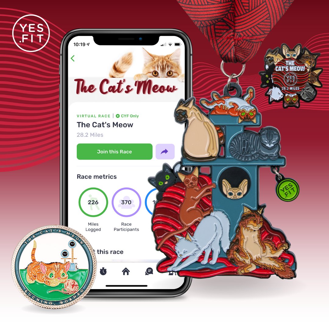 It's The return of the Cats Meow Race! On Sale $22 medal/shirts or a $15 coin. It's Respect Your Cat Day! Let's show our love and respect for our beloved cats together! yes.fit/races/the-cats…