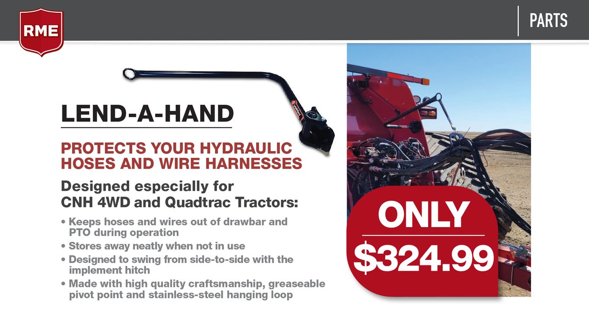 Protect your hydraulic hoses and wire harnesses with Lend-A-Hand. Designed especially for CNH 4WD and Quadtrac Tractors. Contact your local RME dealer or click here for more info: rockymtn.com/promotions/len… . . . #RME #CaseIH #NewHolland #LendAHand #Farming #Agriculture #Deals