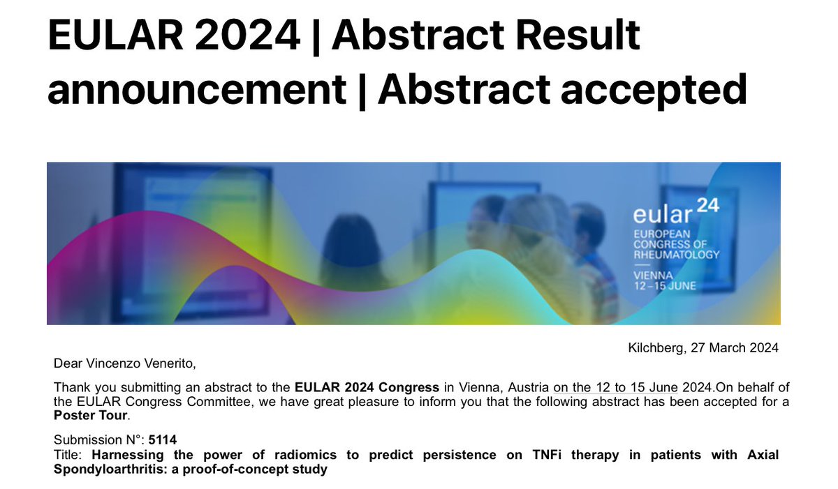 🧐What if a simple SIJ MRI could predict TNFi treatment outcomes of AxSpA patients?

🤩Radiomics is the way!

⭐️So happy to have our work accepted for the Poster Tour at #EULAR2024!

@GiuseppeLopalc2  🧵