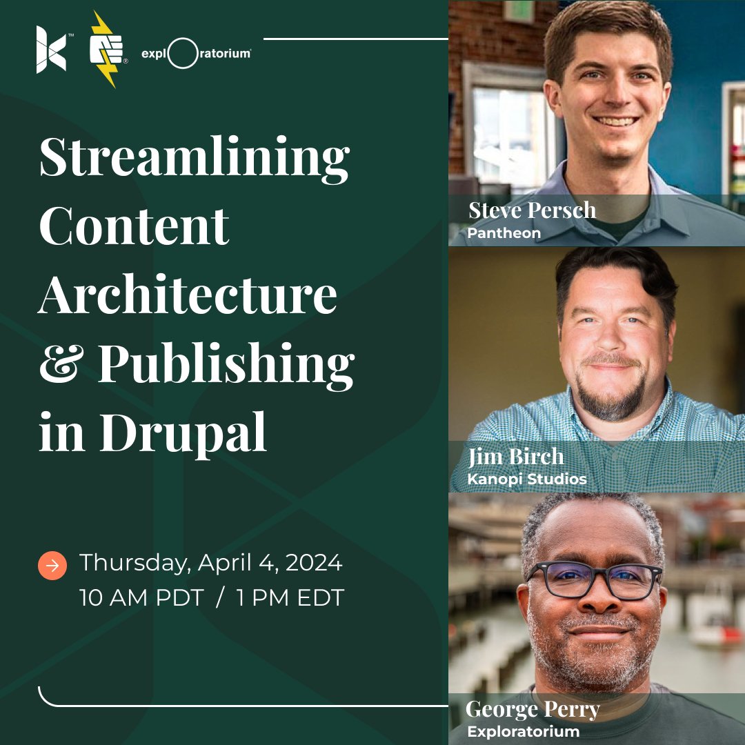 💫 How does one execute a large-scale website migration? Learn how to Optimize your Content Architecture and Publishing in #Drupal with @kanopi_studios, @getpantheon & @exploratorium on April 4, 2024 at 10 AM PDT / 1 PM EDT! Register here: pantheon.io/events/webinar…