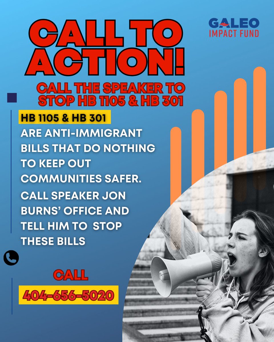 🚨CALL SPEAKER JON BURNS AND TELL HIM TO STOP HB 1105 AND HB 301! Today is SINE DIE and our LAST chance to stop these harmful bills from passing. We need everyone to call Speaker John Burns's office at 404-656-5020!

#galeoimpactfund #gapol #georgia #latinosenatlanta