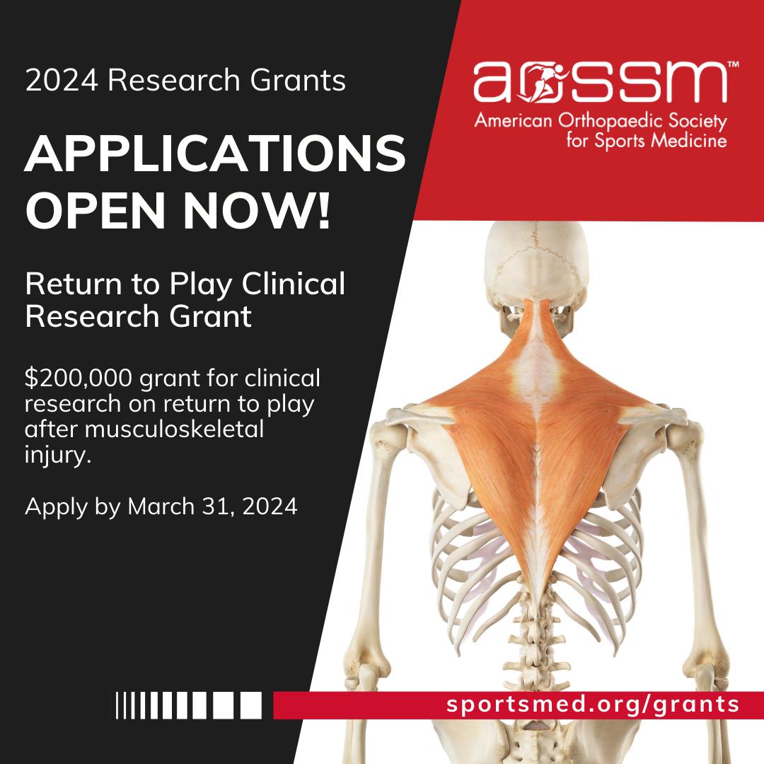 Set new standards for recovery in #sportsmedicine.  

Thanks to <a href="/Arthrex/">Arthrex</a>, <a href="/TheAircastF/">The Aircast Foundation</a>, The Forum, and
<a href="/gladdensociety/">JRGOS</a>, we're offering a $200,000 grant for research on return to play after musculoskeletal injury.

Apply today at sportsmed.org/grants. #Orthopaedics