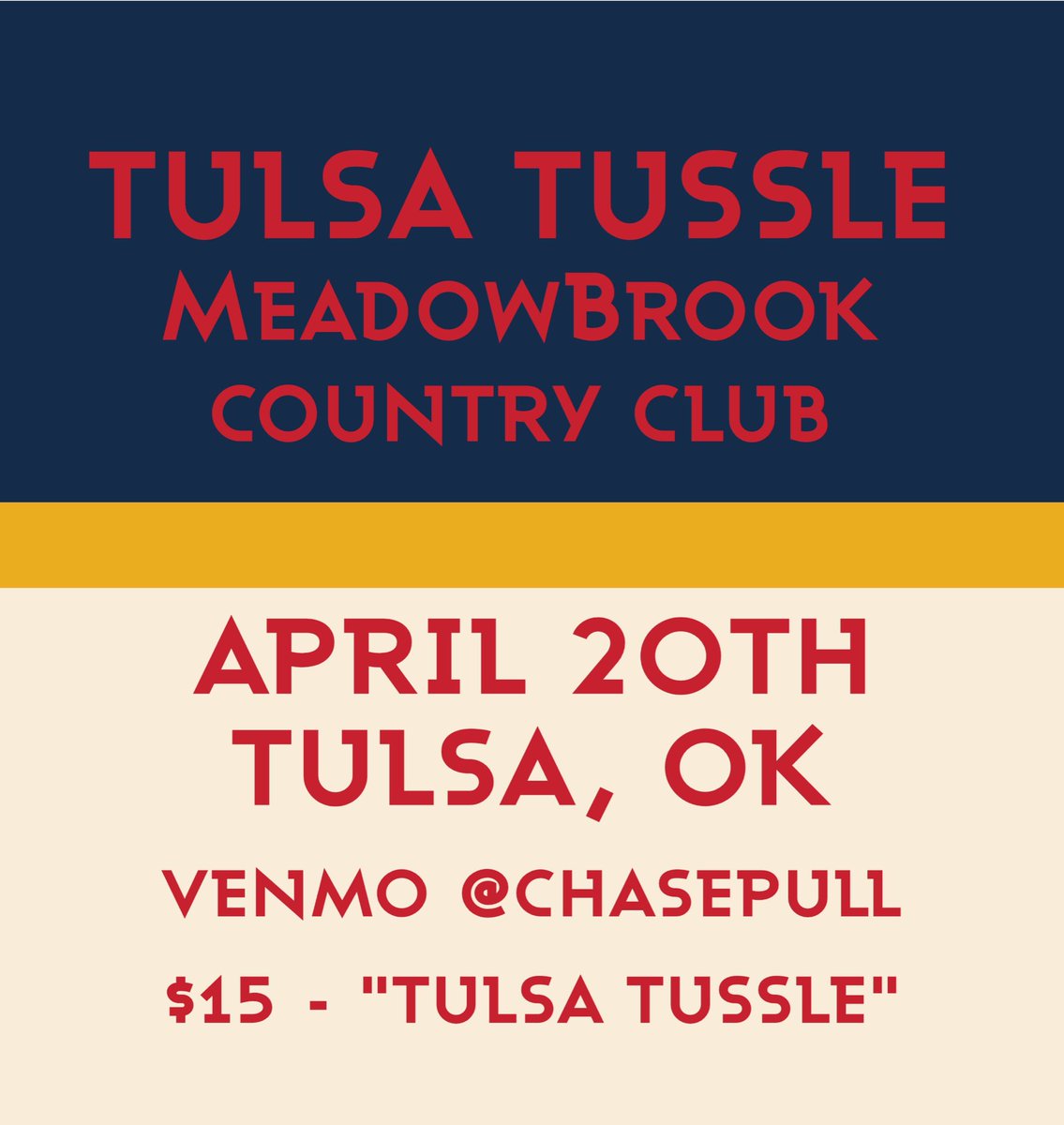 Gunga_Golf's tweet photo. The Gunga Tour heads to Tulsa! 

TULSA TUSSLE
A stroke play, net event. 
1st tee time @12pm. 
MeadowBrook Country Club, Tulsa, OK
Deadline to register is Friday, April 12th @ 5pm.
 
$15 Entry Fee. Venmo @chasepull with “Tulsa Tussle” https://t.co/FkCHUBFMjh