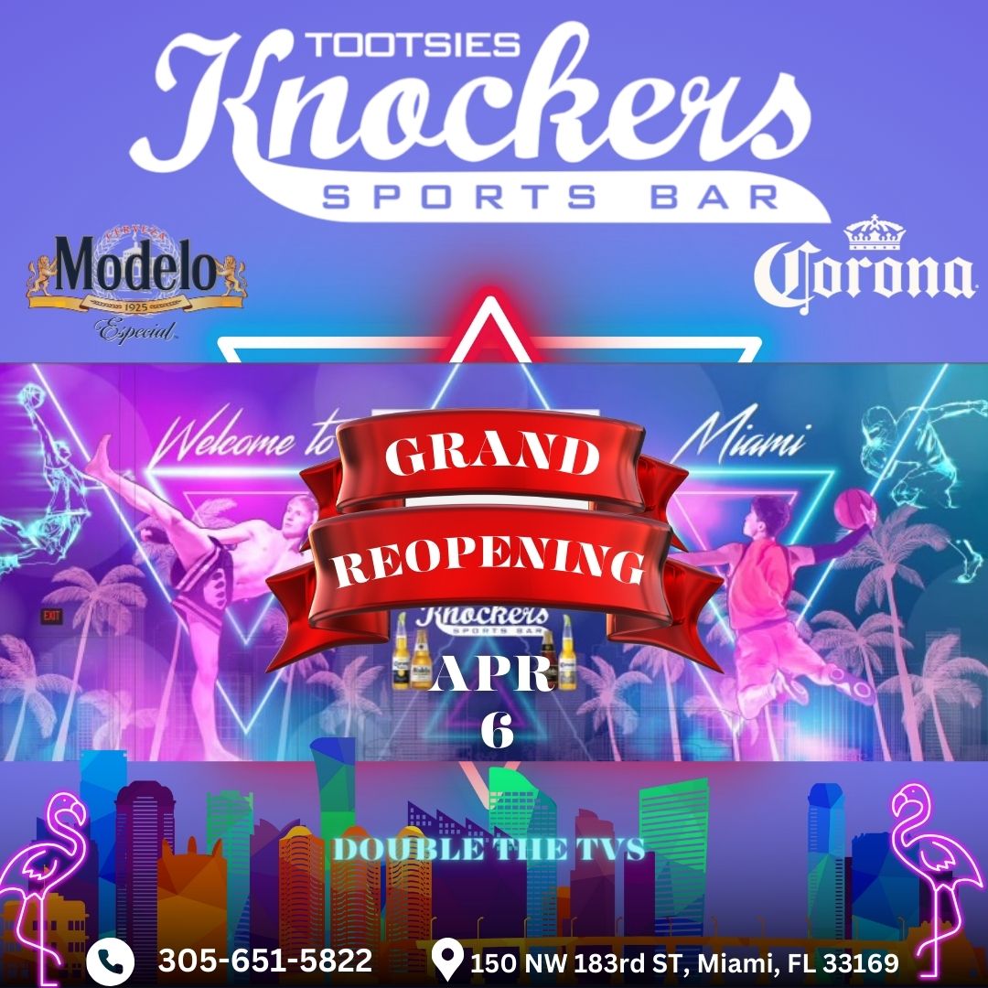 Our grand reopening of Knockers Sports bar is on April 6 and we're all excited to be here for it! So come in and check out our new sports bar with double the amount of TVs.

#drinks #cocktails #tequila #grandreopening #miami #hallandale #fortlauderdale #followus #tootsies