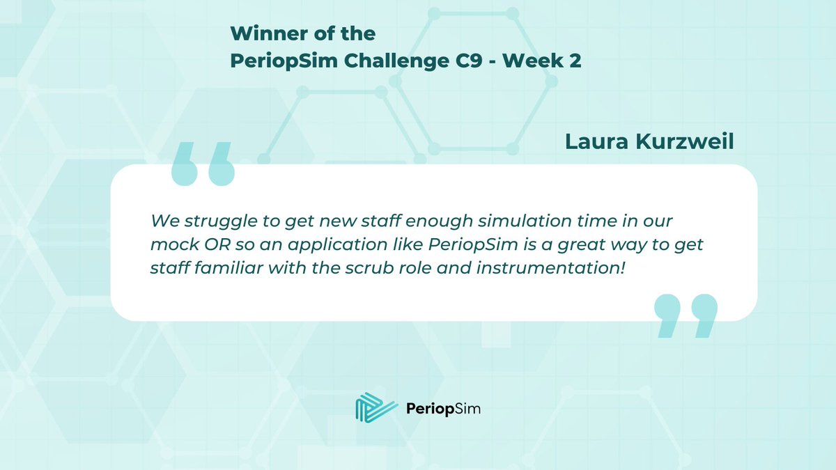 Congratulations to Laura Kurzweil, Week 2 winner of the PeriopSim challenge C9 Hemicolectomy! 🎉🏆

Join the winners' circle &amp; compete for next week's prize. - hubs.la/Q02r5jcY0
#PeriopSimChallenge #SurgicalSkills #hemicolectomy