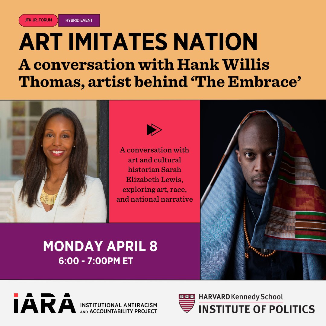 NEW EVENT — Join Hank Willis Thomas, artist behind 'The Embrace' at the JFK Jr. Forum, in conversation with art & cultural historian @sarahelizalewis. 🗓️ April 8 🕕 6PM ET 📍 Livestream & in-person 🤝 @HarvardIOP Learn more: iara.hks.harvard.edu/event/art-imit…