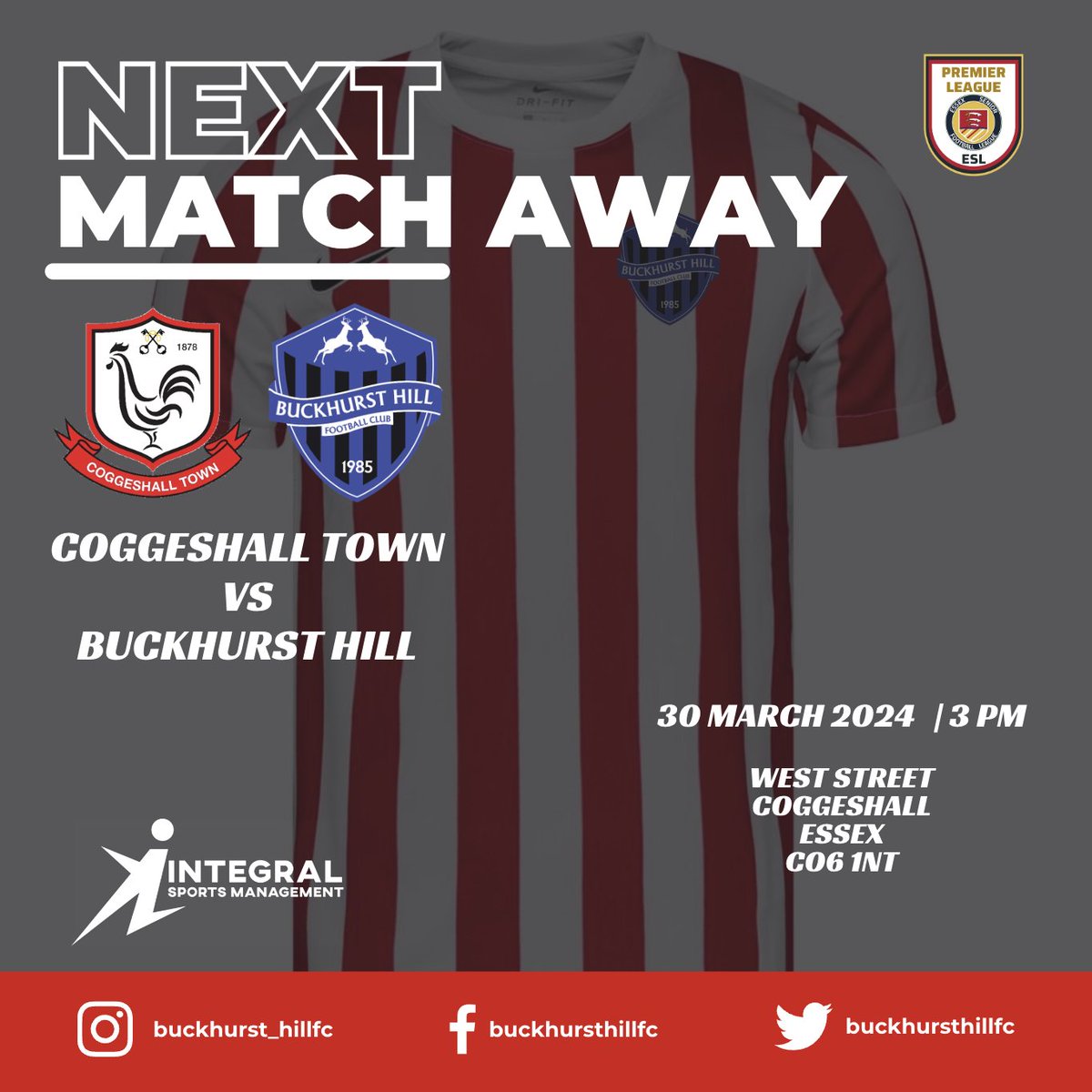 NEXT MATCH AWAY 🔴 ⚪ 📆 Sat 30th March 2024 🏆 @essexsenior ⏰ 3 pm KO 🆚 @CoggeshallTown 🏟 West Street, Coggeshall, Essex, CO6 1NT #COYStags #ESL