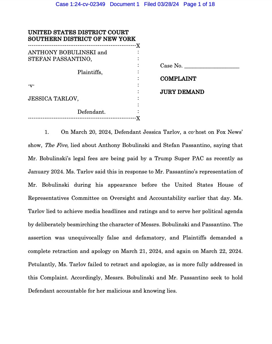 NEW: Tony Bobulinski Officially Files Lawsuit Against Fox News' Jessica Tarlov: @DailyCaller STATEMENT: Today I filed a lawsuit against Ms. Jessica Tarlov of Fox News for defamation. Although I am seeking compensatory, special, and punitive damages from her for the damage her…