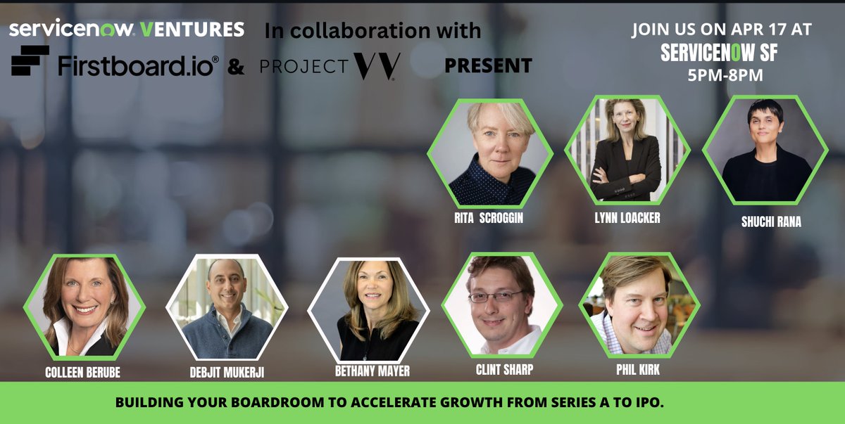 Will be a great evening of conversations with <a href="/servicenow/">ServiceNow</a> #ventures <a href="/FirstboardI/">Firstboard.io</a>, #projectW, @cribl_, <a href="/ngpcapital/">NGP Capital</a> and others! 

firstboard.io/events/buildin…