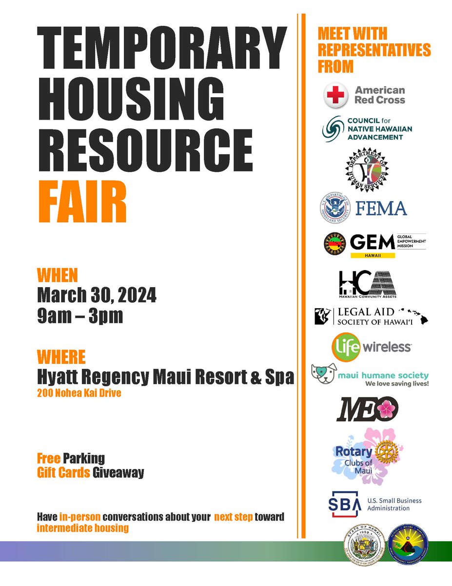 #Maui: Temporary Housing Resource Fair for families and individuals displaced by the #MauiWildfires. Have in-person conversations about your next step toward intermediate housing – Sat, Mar. 30, 9am-3pm at the Hyatt Regency Maui Resort & Spa, 200 Nohea Kai Dr., Lahaina.