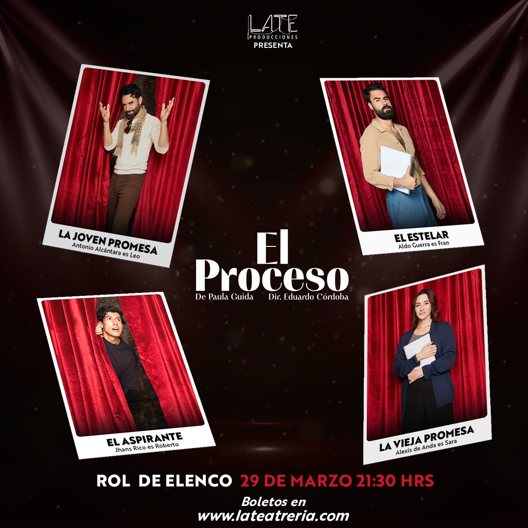 ¡Rol de elenco de #ElProceso! 🎭🎶 Vive una noche de viernes llena de risa con estos talentos increíbles del teatro en México. Te esperamos en nuestras funciones de más 8 y 9:30 pm.♥️ Boletos: bit.ly/ElProcesoLATE 🎫