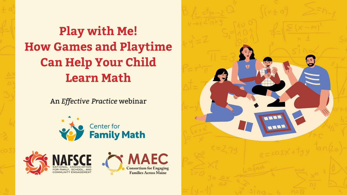 Boost your child's math skills through playtime at home! Join our webinar: Play with Me! How Games and Playtime Can Help Your Child Learn Math 📅: Tues, 4/9 at 1pm ET ✍ Register: bit.ly/3vksDRn Part of our Family Math Webinar Series with @NAFSCE @CenterforFM