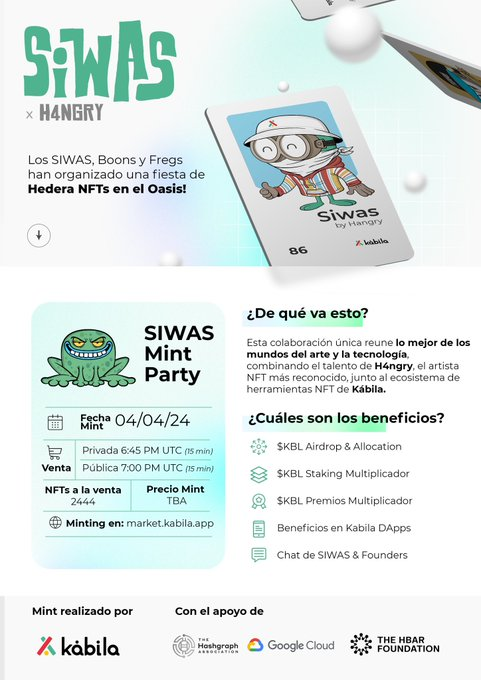 TukuDeFi's tweet photo. El día 04/04 tendremos uno de los mints más esperados de Hedera

Y me han dado 10 WL para sortear :)

Para participar:

✅ Sigue a @KabilaES 
✅ Dale a Like + RT
✅ Comenta #SIWAS 

Nunca he entrado al ecosistema de Hedera pero voy a aprovechar este mint para empezar. Ha sido leer airdrop de $KLB y decidirme :)

Ganadores en 48h