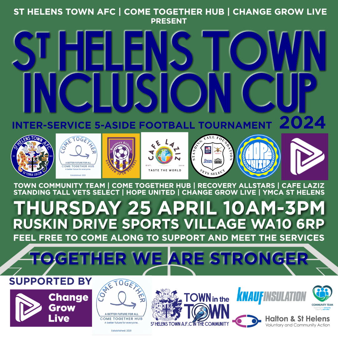 🤩Proud to announce the 1st St Helens Inclusion Cup . An inter-service 5-aside football tournament hosting some of our amazing charities and causes. Support and teams from.. @COMETWOGETHER @RecoveryAllStar @LazizCafe @AndyReidMBE_STF @HopeUnited123 @CGLStHelens @KnaufUK @HSHVCA