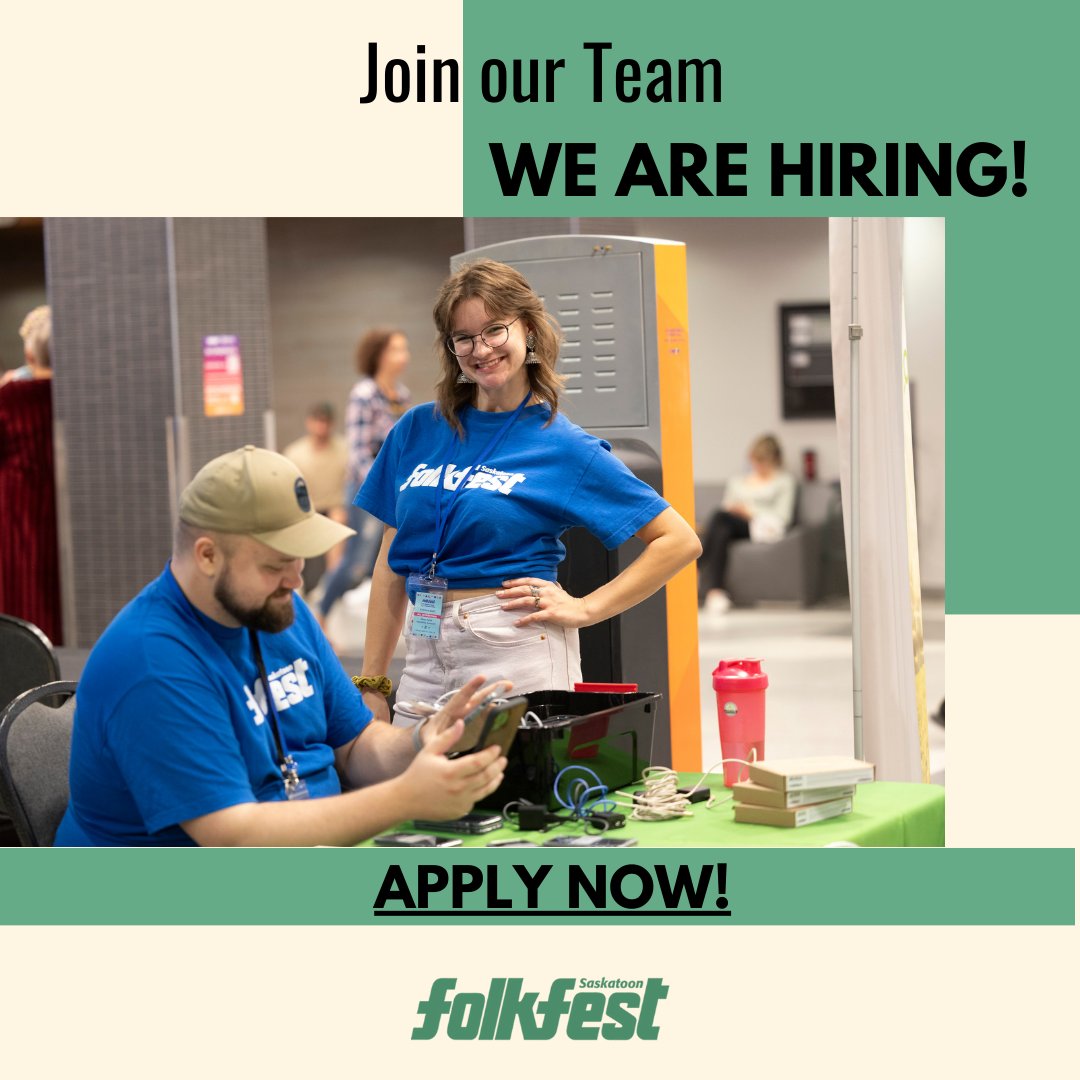 Folkfest is hiring!
Join our team! Folkfest is looking for fantastic people for 2024 term positions.
We are hiring for multiple Summer Term Positions and a Festival Coordinator Intern for an eight-month term.

For more information visit saskatoonfolkfest.com/careers/