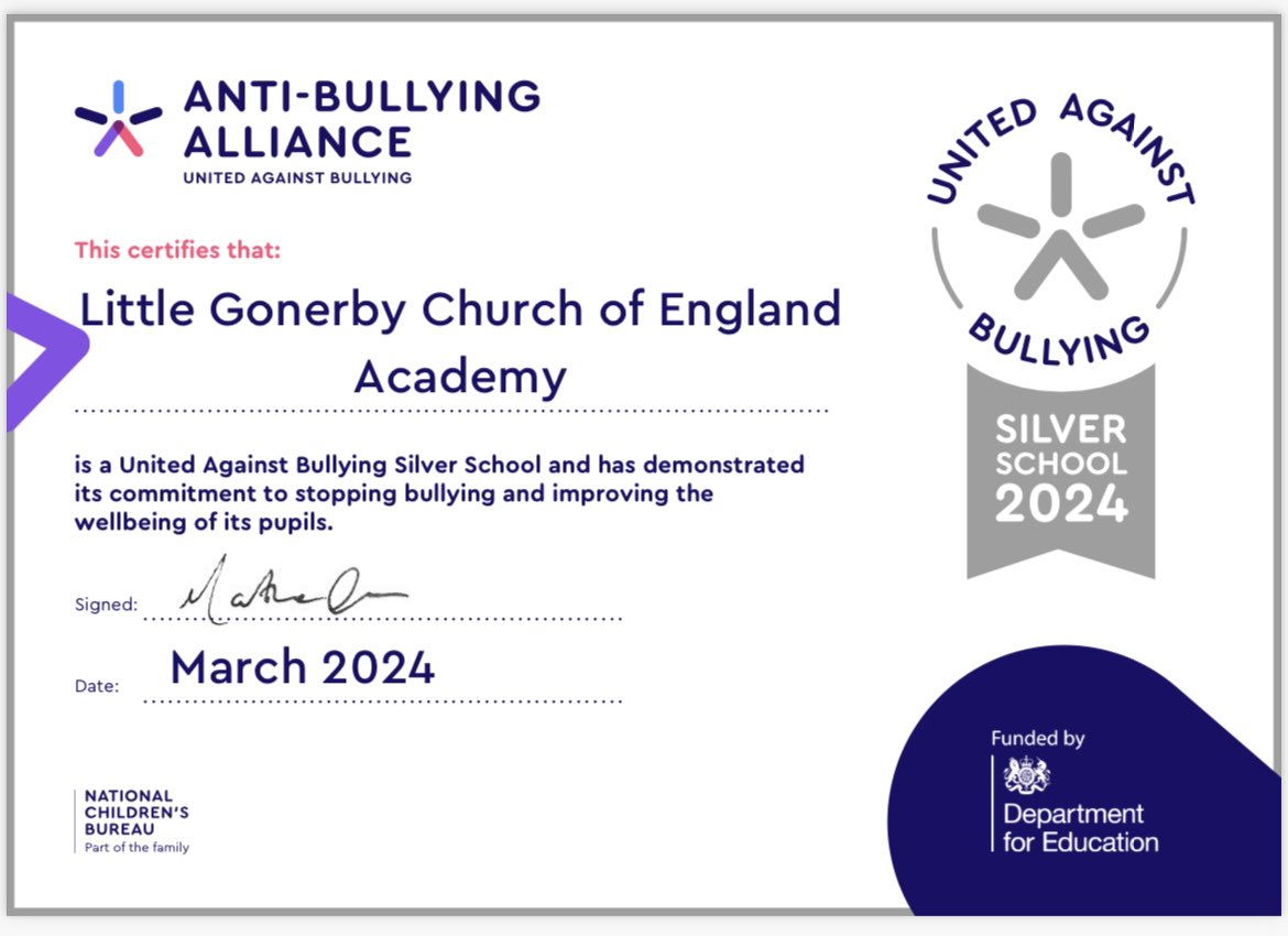 We are delighted to have been awarded the Anti-Bullying Alliance @ABAonline SILVER school award!🥈 A special thank you goes to Mrs Gallaher for her hard work. We are excited for our future plans to build on this even more! @Little_Gonerby @InfinityAcad