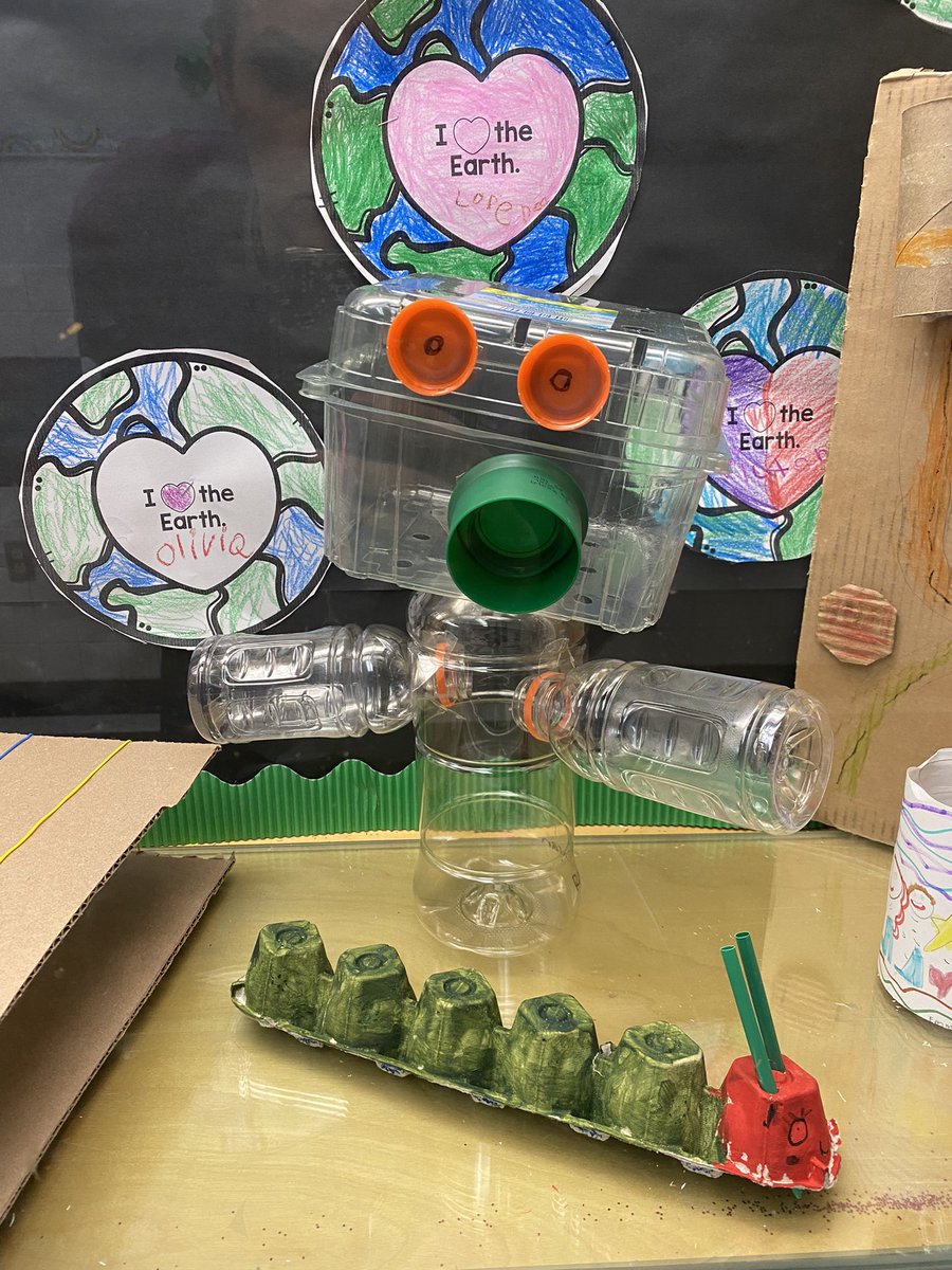 Kindergarten recycle projects on full display! Love the creativity 💙💚