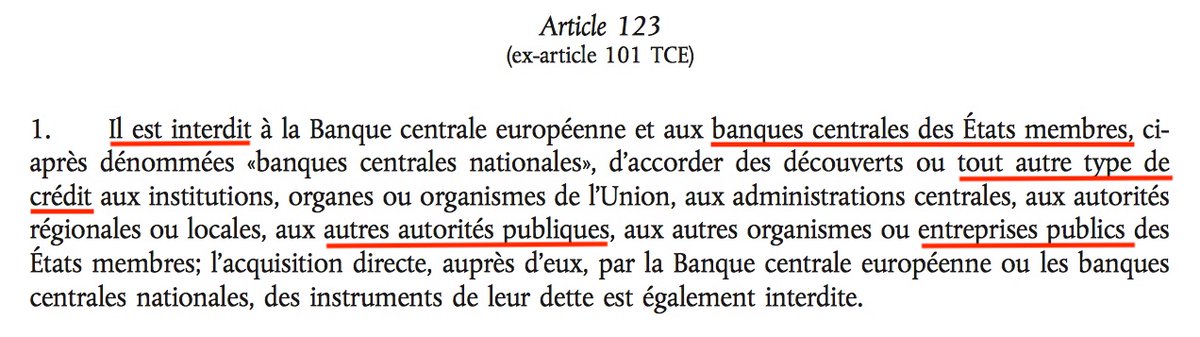 L’article 123 du TFUE retire à la Banque de #France son pouvoir régalien, résultat : 50 milliards d'€ d'intérêts à rembourser / an par la #France rien qu'en taux d'intérêt ! En plus des 10 milliards qu'on donne tous les ans à l'#UE. Avec le #Frexit nous emprunterons à 0%. #UPR