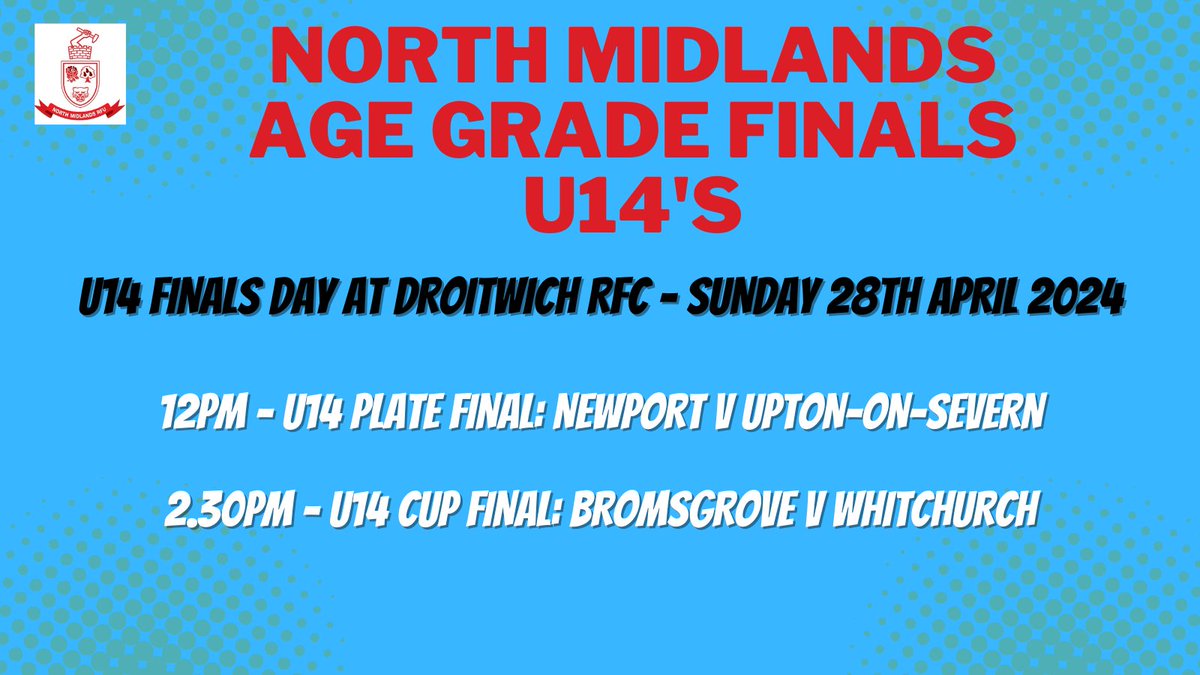 Congratulations to @NewportSalopRFC / @UptonRugbyClub / @Bromsgroverugby and @WhitchurchRugby U14's reaching the finals of the North Midlands RFU Age Group 2024 Competition at @OfficialDRFC . Full details for supporters will be posted on website in the coming days.